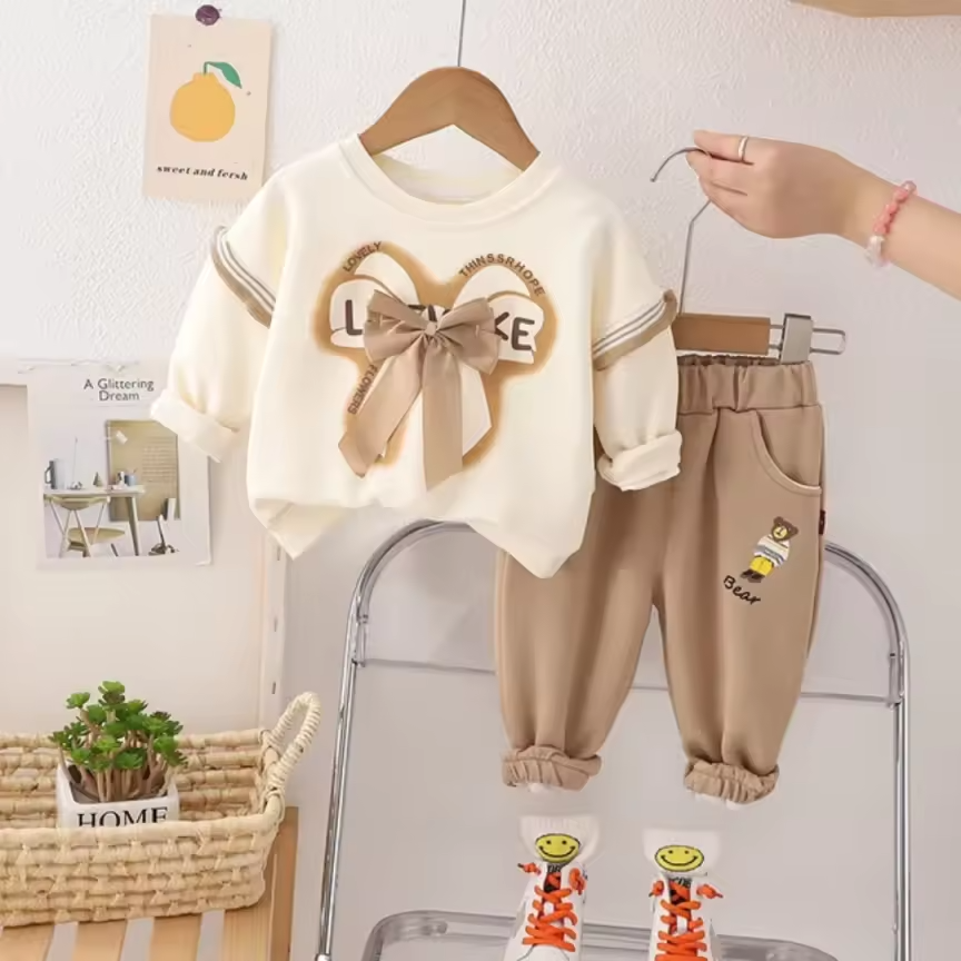 Girls' Bow Sweatshirt & Jogger, Size: 3-4 Years, Available Colours: Lavender and Khaki