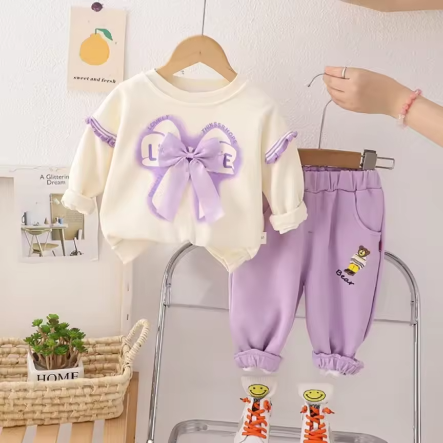 Girls' Bow Sweatshirt & Jogger, Size: 3-4 Years, Available Colours: Lavender and Khaki