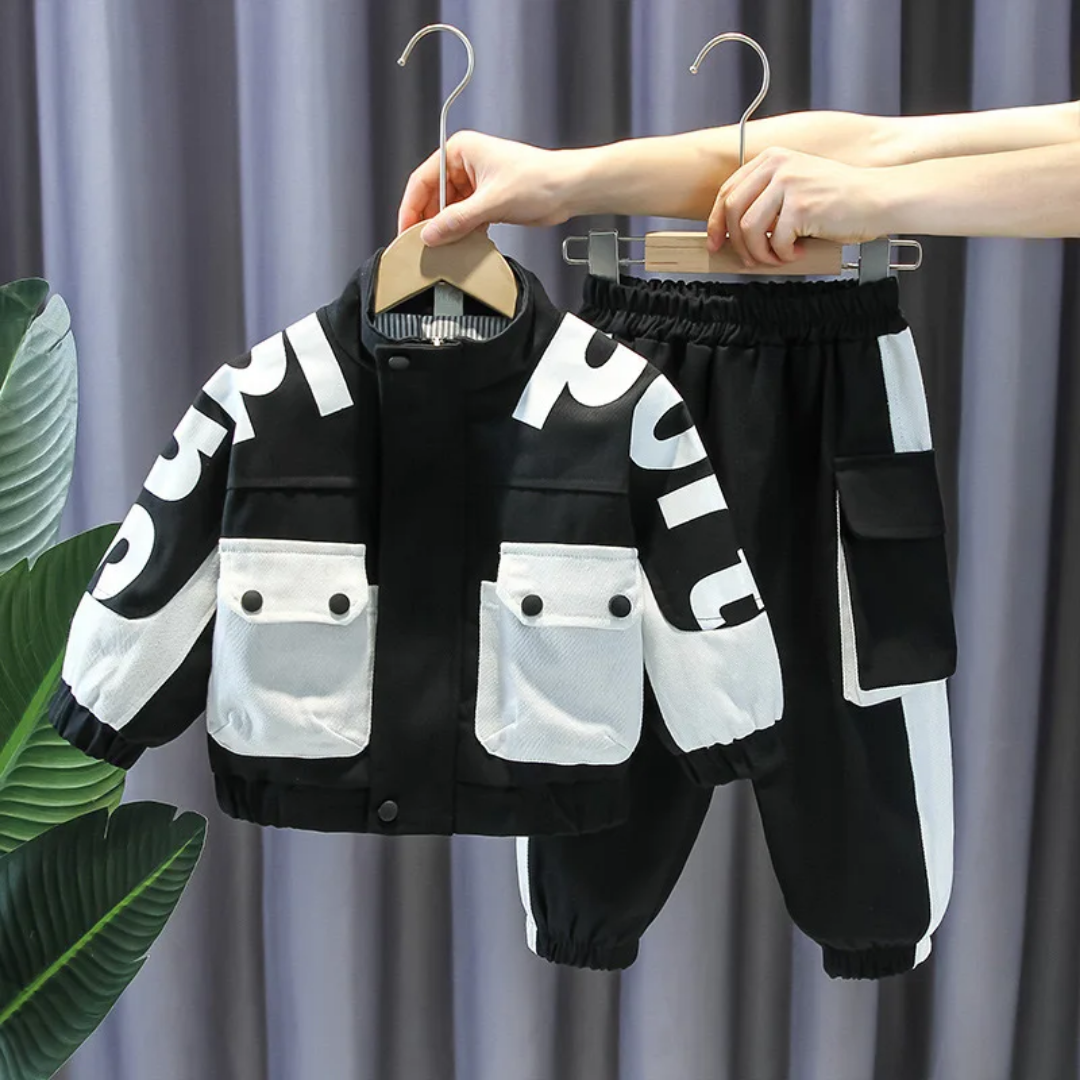 Boys Black & White Letter Print 2-Piece Tracksuit Set, Sizes Available: 10-13 Years