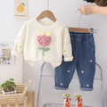 Girls 3D Floral Sweatshirt & Printed Denim Pants Set