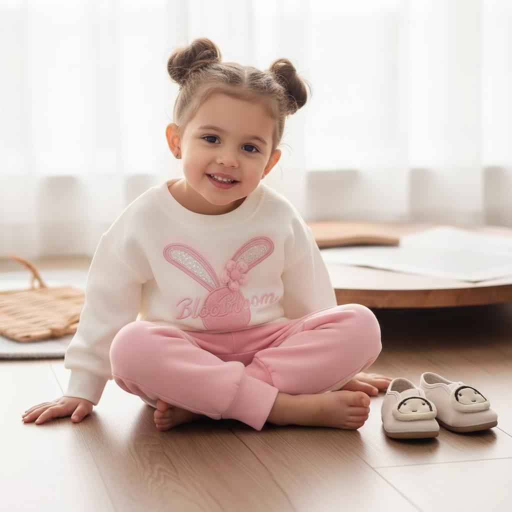 Girls Bunny Fleece Winter Set. Suitable for casual wear and winter outings. Size: 4-5 Years, Colour: Pink, Beige and Lavender