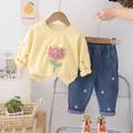 Girls 3D Floral Sweatshirt & Printed Denim Pants Set, Size: 3yrs, Available Colours: yellow and white sweatshirts and blue denim