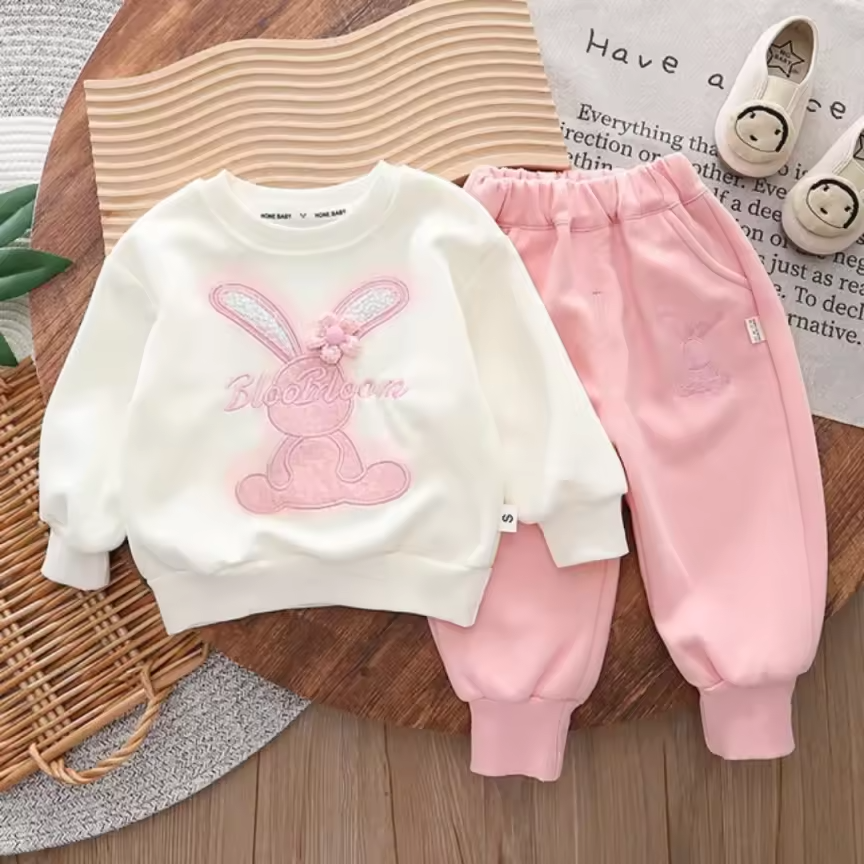 Girls Bunny Fleece Winter Set. Suitable for casual wear and winter outings. Size: 4-5 Years, Colour: Pink, Beige and Lavender