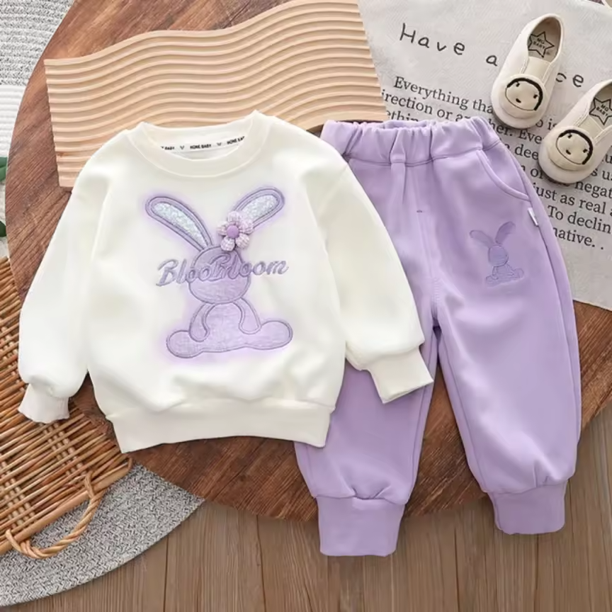 Girls Bunny Fleece Winter Set. Suitable for casual wear and winter outings. Size: 4-5 Years, Colour: Pink, Beige and Lavender