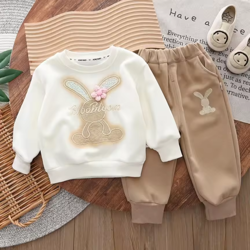 Girls Bunny Fleece Winter Set. Suitable for casual wear and winter outings. Size: 4-5 Years, Colour: Pink, Beige and Lavender